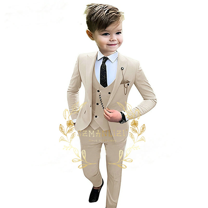 Baby Boy Suit Set Baptism - Dzieci chłopcy beżowy kamizelka blezer spodnie