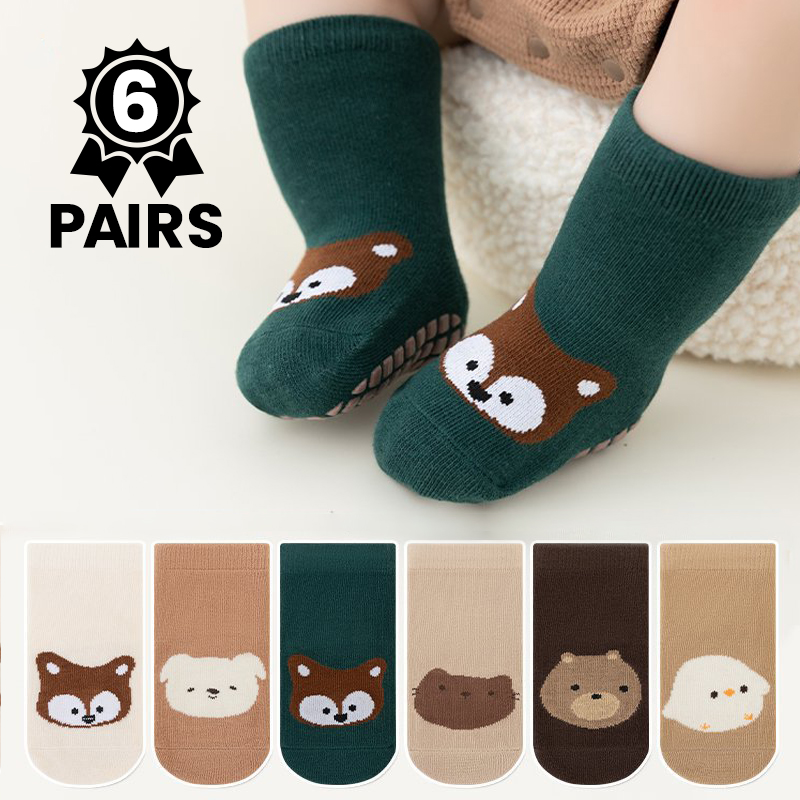Unisex Baby Socks Non Slip - 6 par uroczych skarpetek dziecięcych z